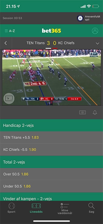 Sådan ser det ud når du livestreamer NFL hos Bet365